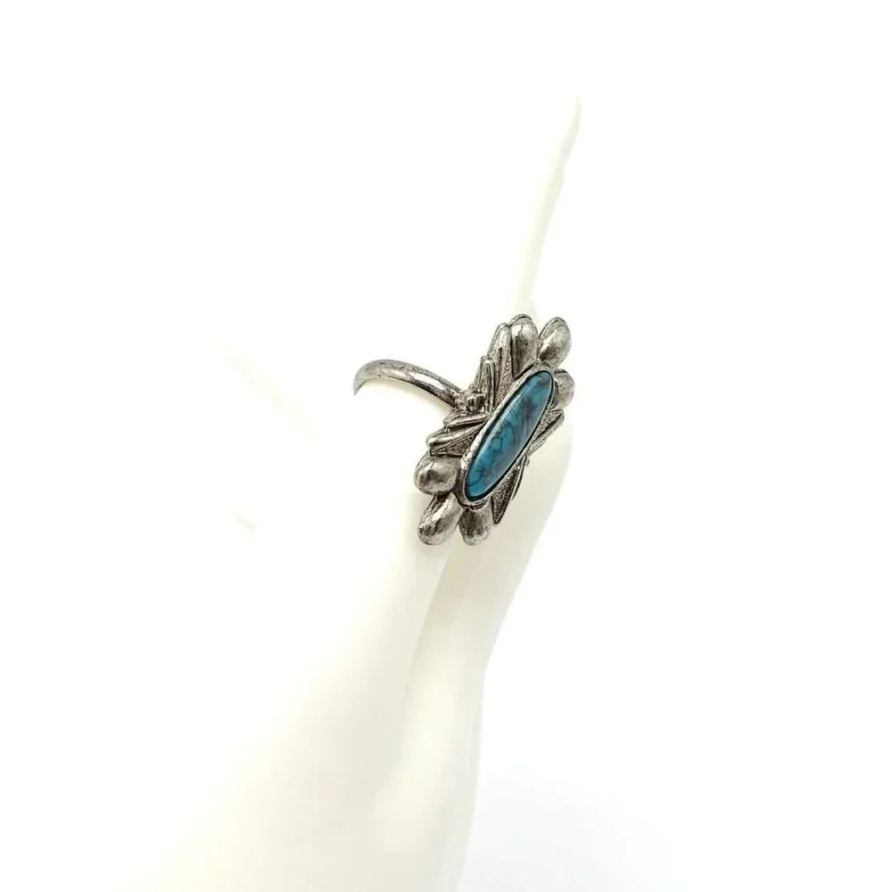 Faux Blue Turquoise Southwest Silver Tone Vintage 1970s Flower Ring Size 7.5